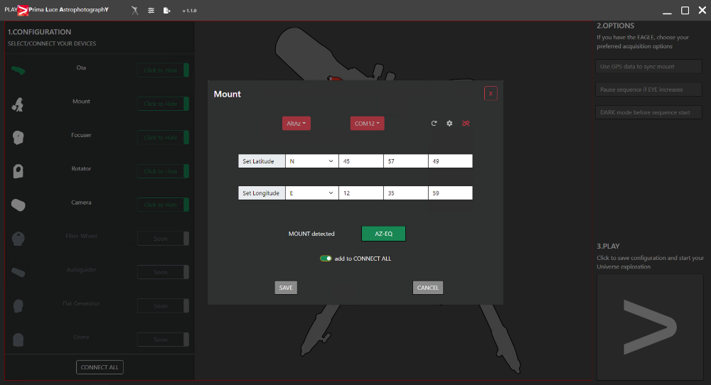 Configurare PLAY con un telescopio su montatura altazimutale