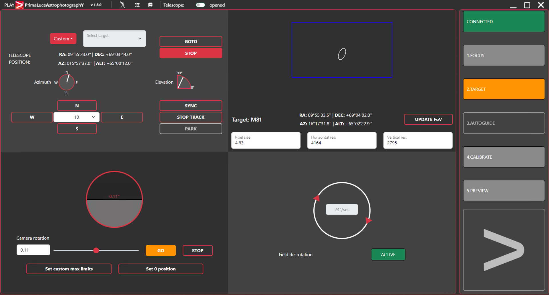 PLAY, come usare il tab TARGET per allineare e puntare la montatura e per ruotare ARCO