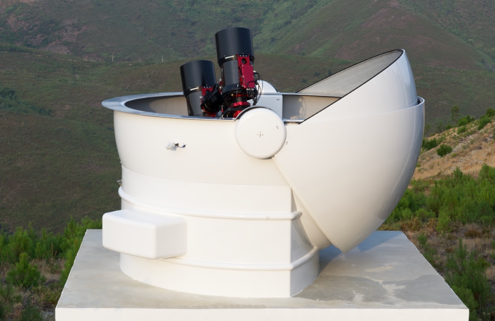 BINO-SSA Observatory Station installed in Pampilhosa da Serra Space Observatory (PASO): the 2 Officina Stellare Veloce RH300 12" f3 telescopes with ESATTO 3,5" LP focusers and SBIG AC4040 cooled cameras, remotely controlled and powered with the EAGLE.